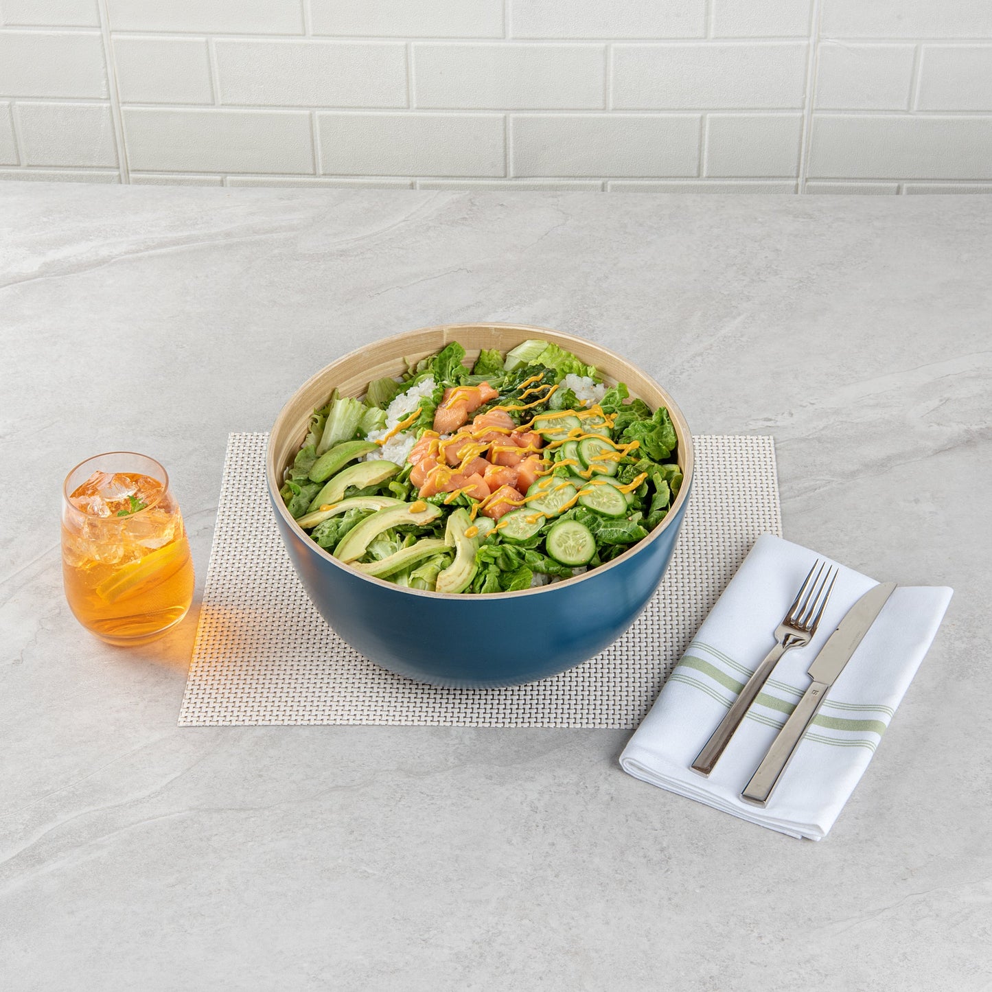 Bambuddha 30 oz Round Blue Spun Bamboo Large Salad Bowl - 11" x 11" x 5 1/2" - 1 count box