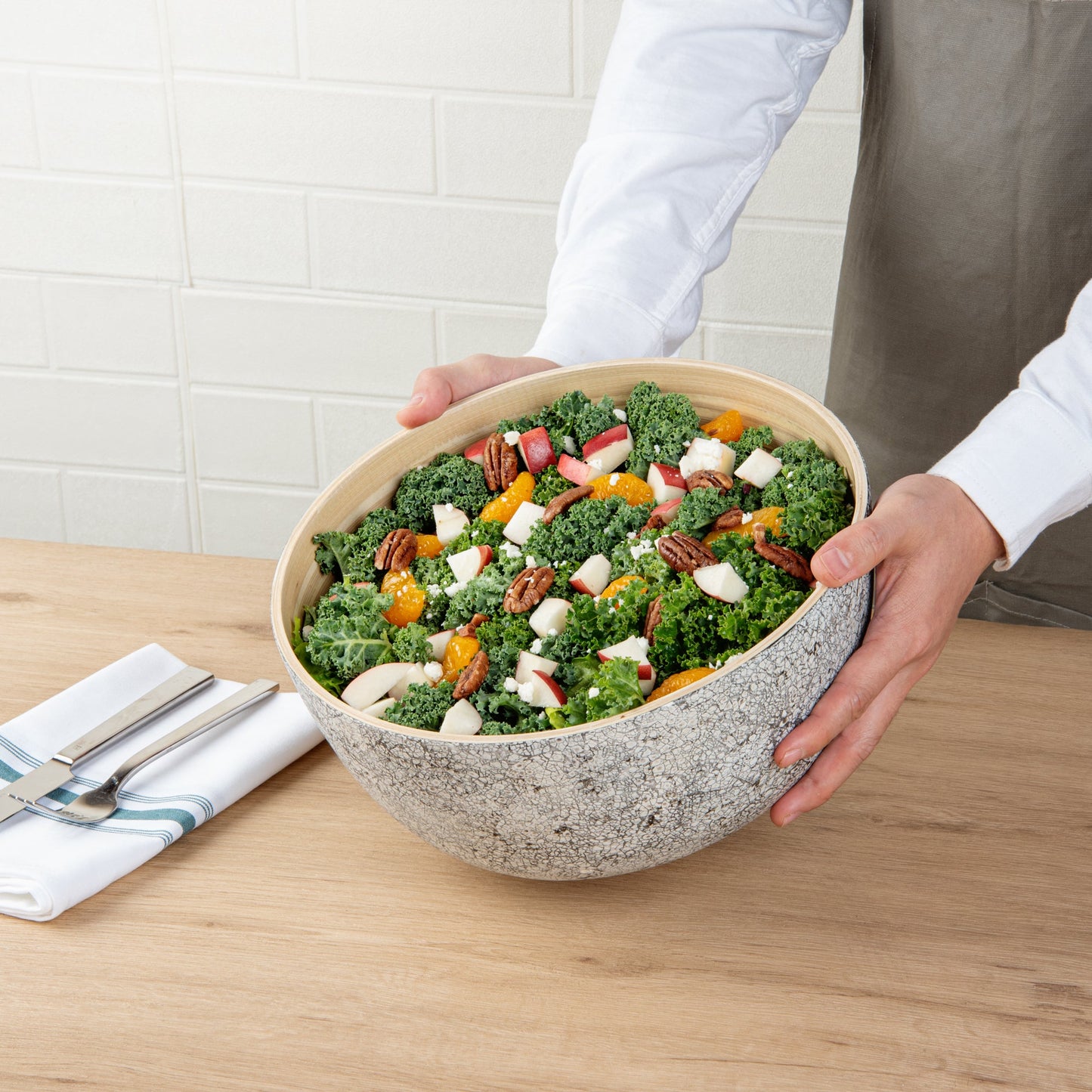 Bambuddha 30 oz Round Gray Spun Bamboo Large Eggshell Salad Bowl - 11" x 11" x 5 1/2" - 1 count box