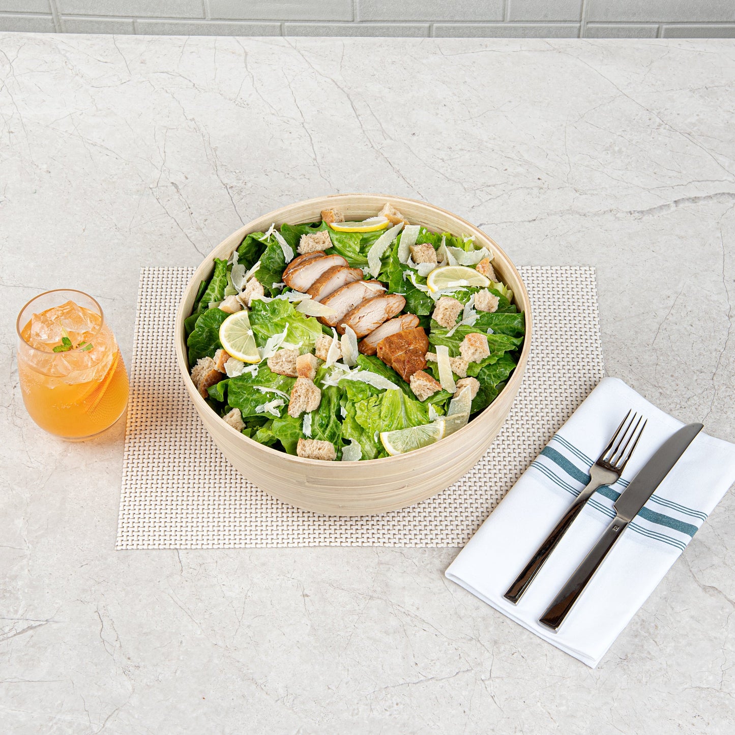 Bambuddha 30 oz Round Natural Spun Bamboo Large Salad Bowl - 11" x 11" x 5 1/2" - 1 count box