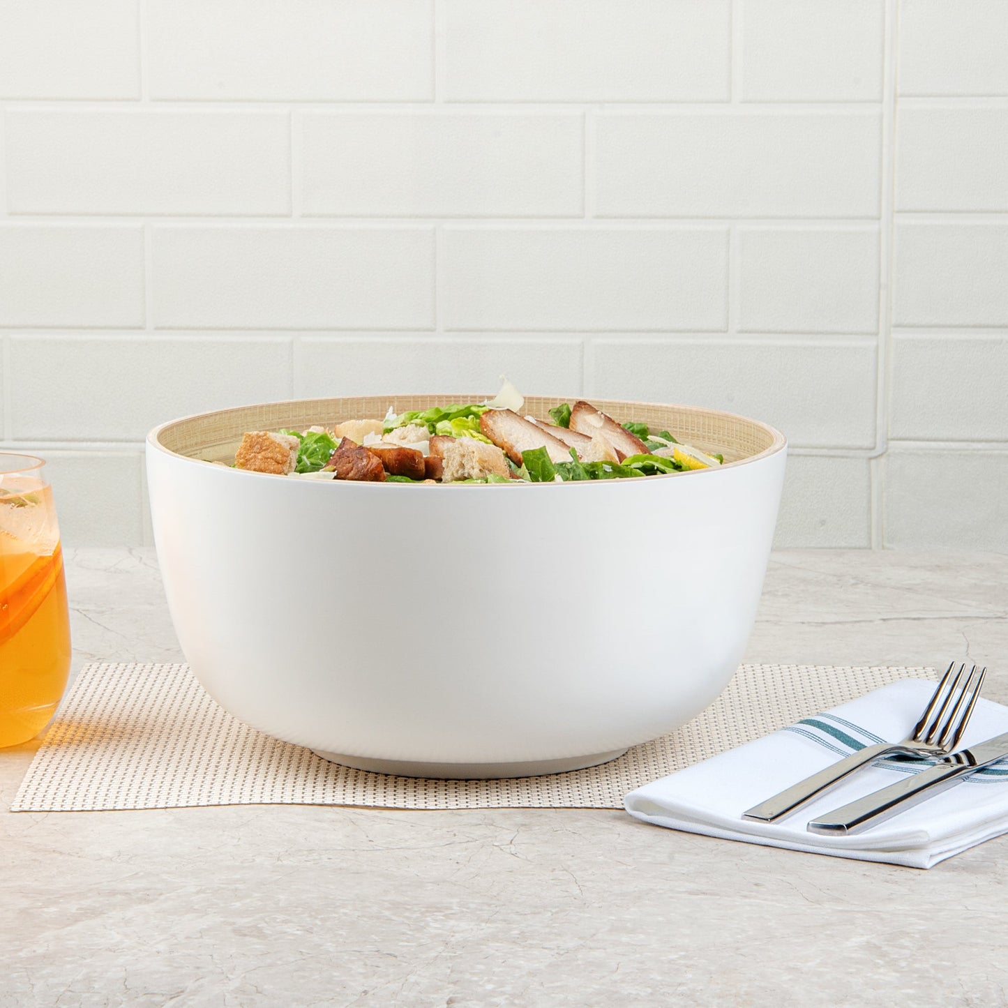 Bambuddha 30 oz Round White Spun Bamboo Large Salad Bowl - 11" x 11" x 5 1/2" - 1 count box