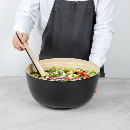Bambuddha 51 oz Round Black Spun Bamboo Extra Large Salad Bowl - 13 1/2" x 13 1/2" x 6 1/4" - 1 count box