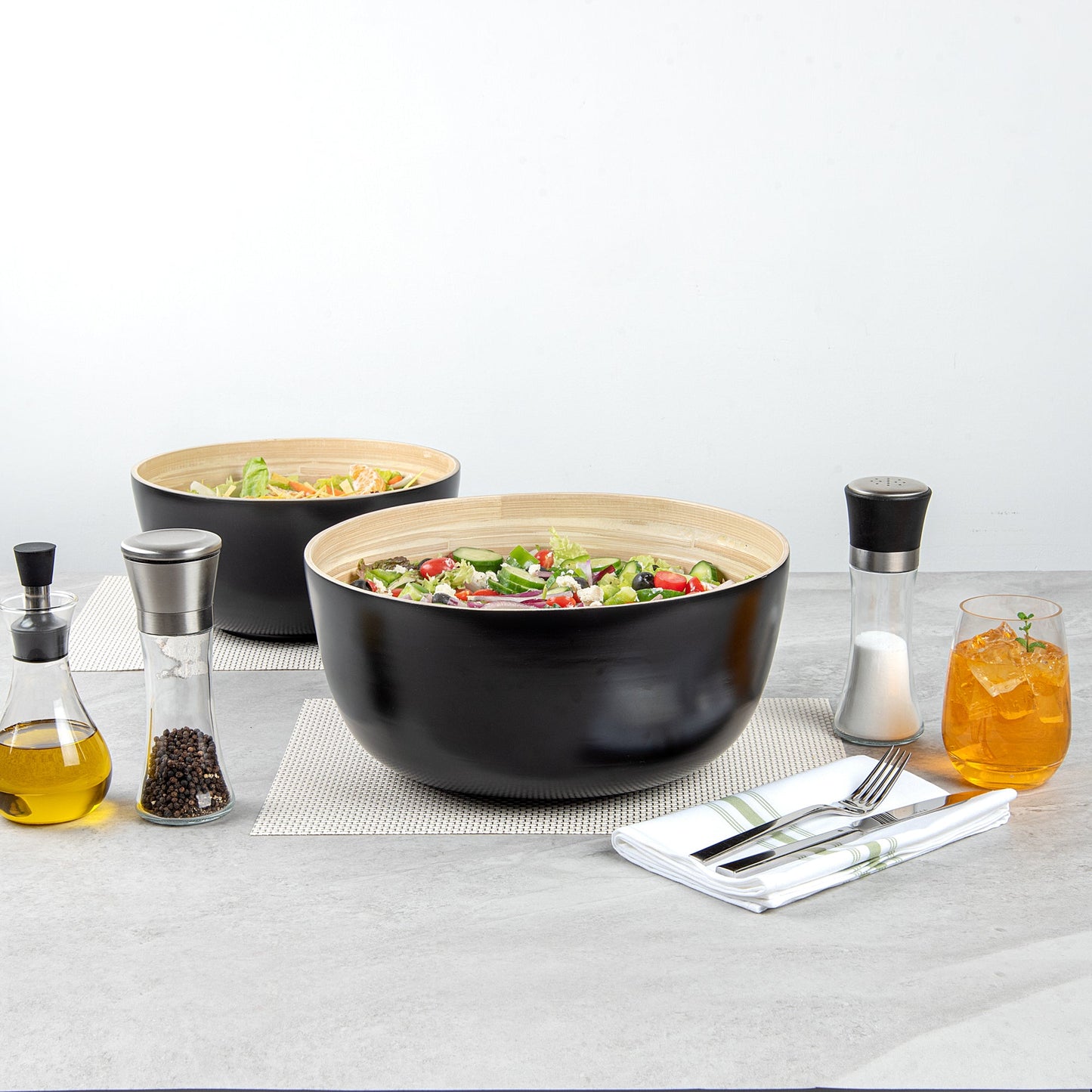 Bambuddha 51 oz Round Black Spun Bamboo Extra Large Salad Bowl - 13 1/2" x 13 1/2" x 6 1/4" - 1 count box