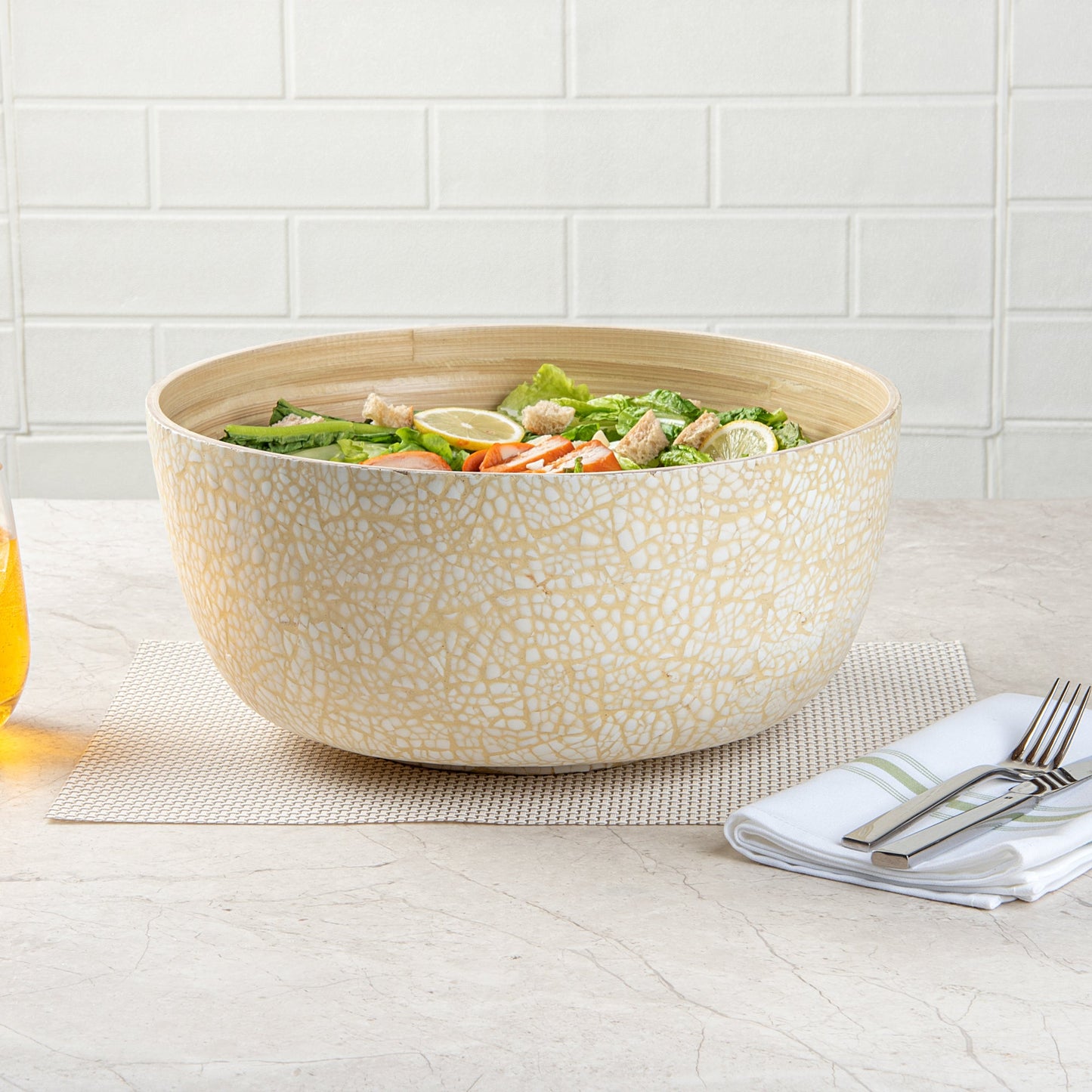 Bambuddha 51 oz Round Beige Spun Bamboo Extra Large Eggshell Salad Bowl - 13 1/2" x 13 1/2" x 6 1/4" - 1 count box