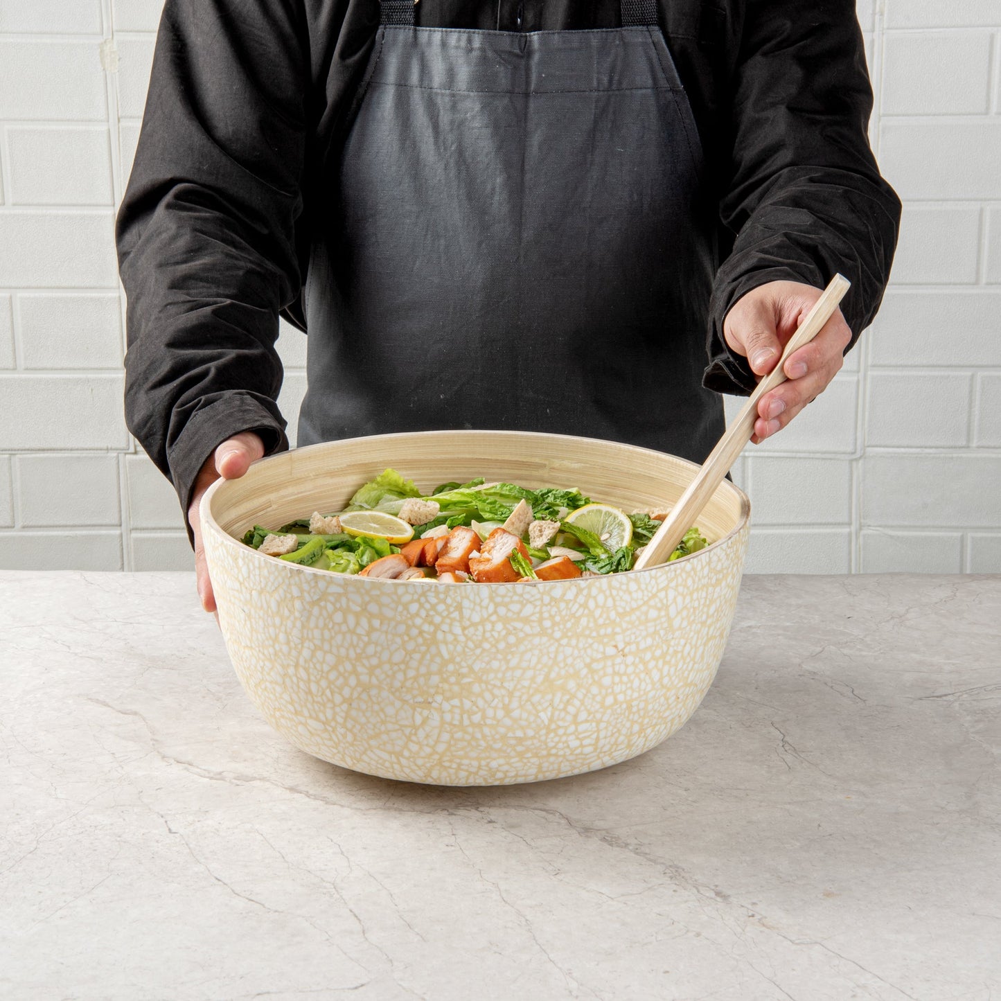 Bambuddha 51 oz Round Beige Spun Bamboo Extra Large Eggshell Salad Bowl - 13 1/2" x 13 1/2" x 6 1/4" - 1 count box