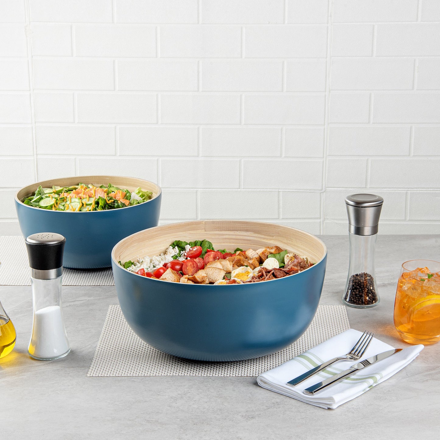 Bambuddha 51 oz Round Blue Spun Bamboo Extra Large Salad Bowl - 13 1/2" x 13 1/2" x 6 1/4" - 1 count box