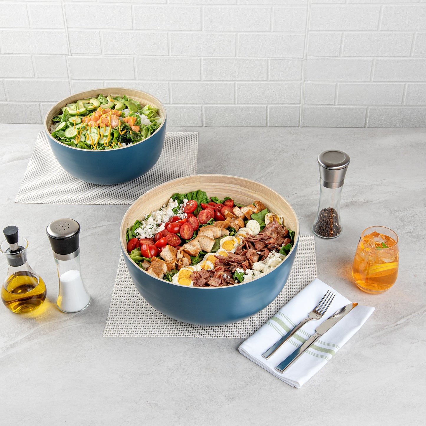 Bambuddha 51 oz Round Blue Spun Bamboo Extra Large Salad Bowl - 13 1/2" x 13 1/2" x 6 1/4" - 1 count box