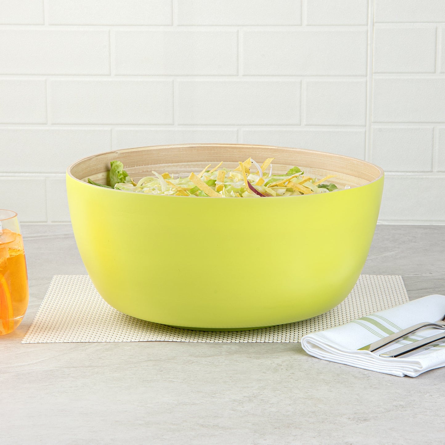 Bambuddha 51 oz Round Green Spun Bamboo Extra Large Salad Bowl - 13 1/2" x 13 1/2" x 6 1/4" - 1 count box