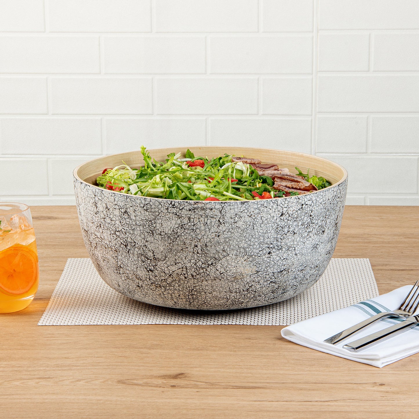 Bambuddha 51 oz Round Gray Spun Bamboo Extra Large Eggshell Salad Bowl - 13 1/2" x 13 1/2" x 6 1/4" - 1 count box