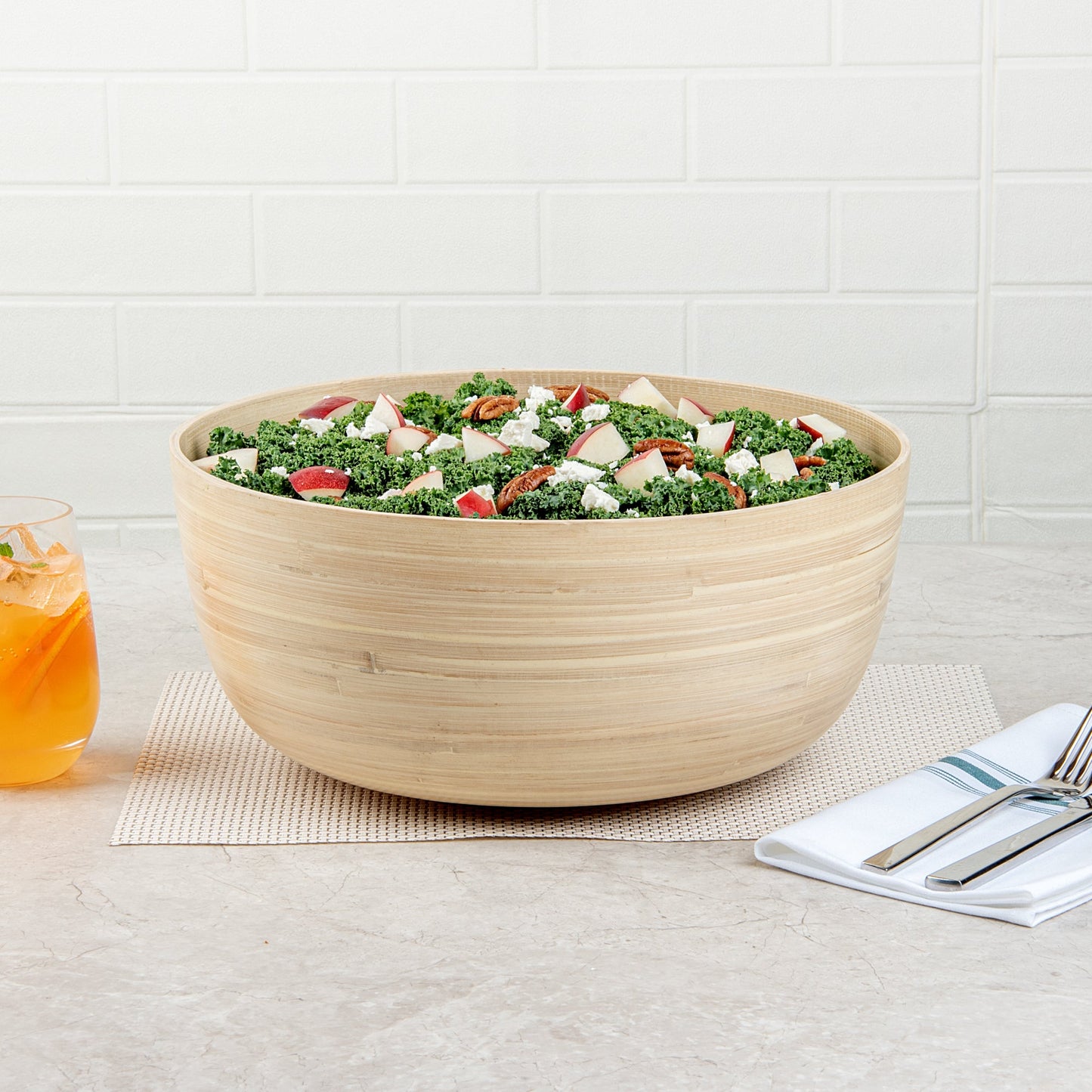Bambuddha 51 oz Round Natural Spun Bamboo Extra Large Salad Bowl - 13 1/2" x 13 1/2" x 6 1/4" - 1 count box