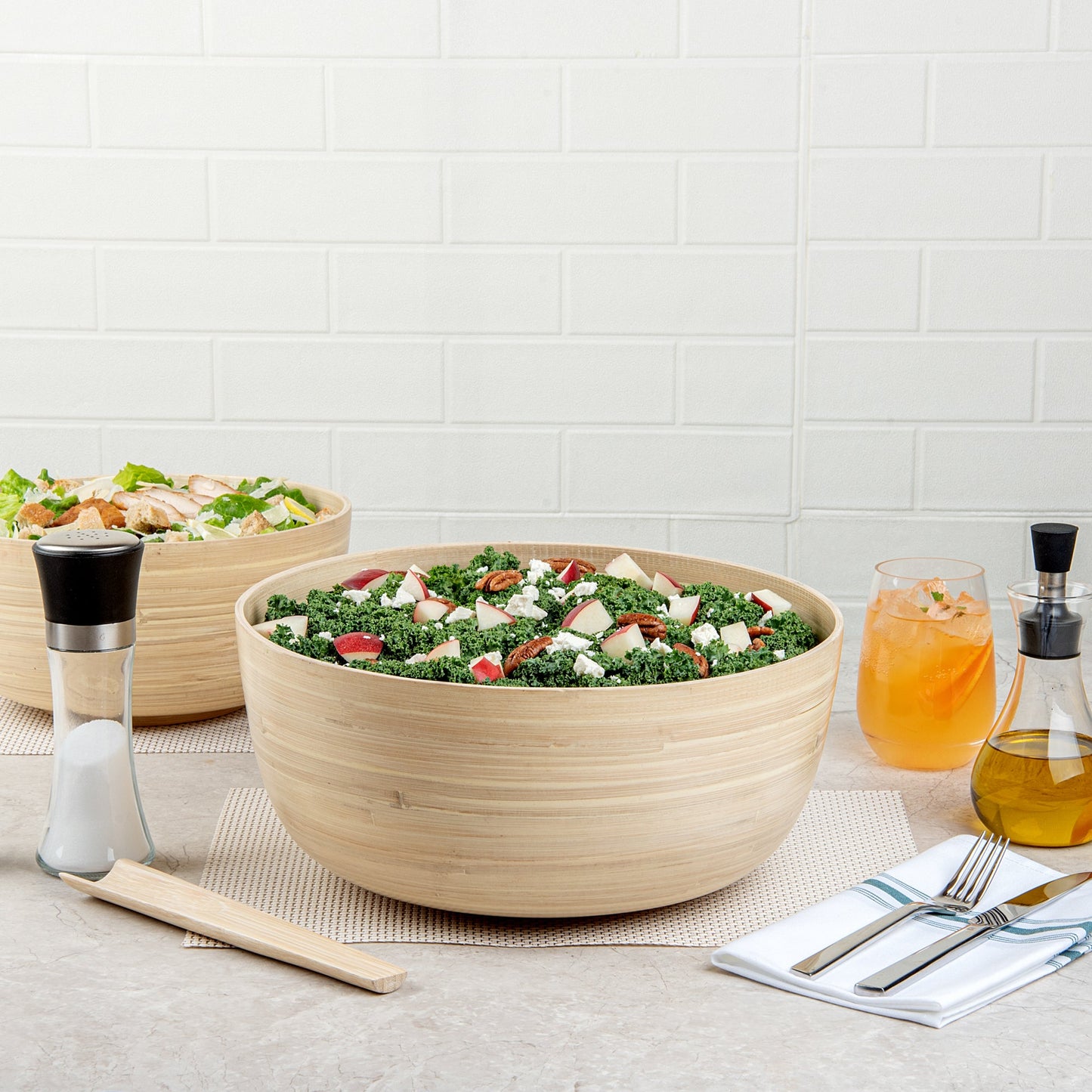 Bambuddha 51 oz Round Natural Spun Bamboo Extra Large Salad Bowl - 13 1/2" x 13 1/2" x 6 1/4" - 1 count box