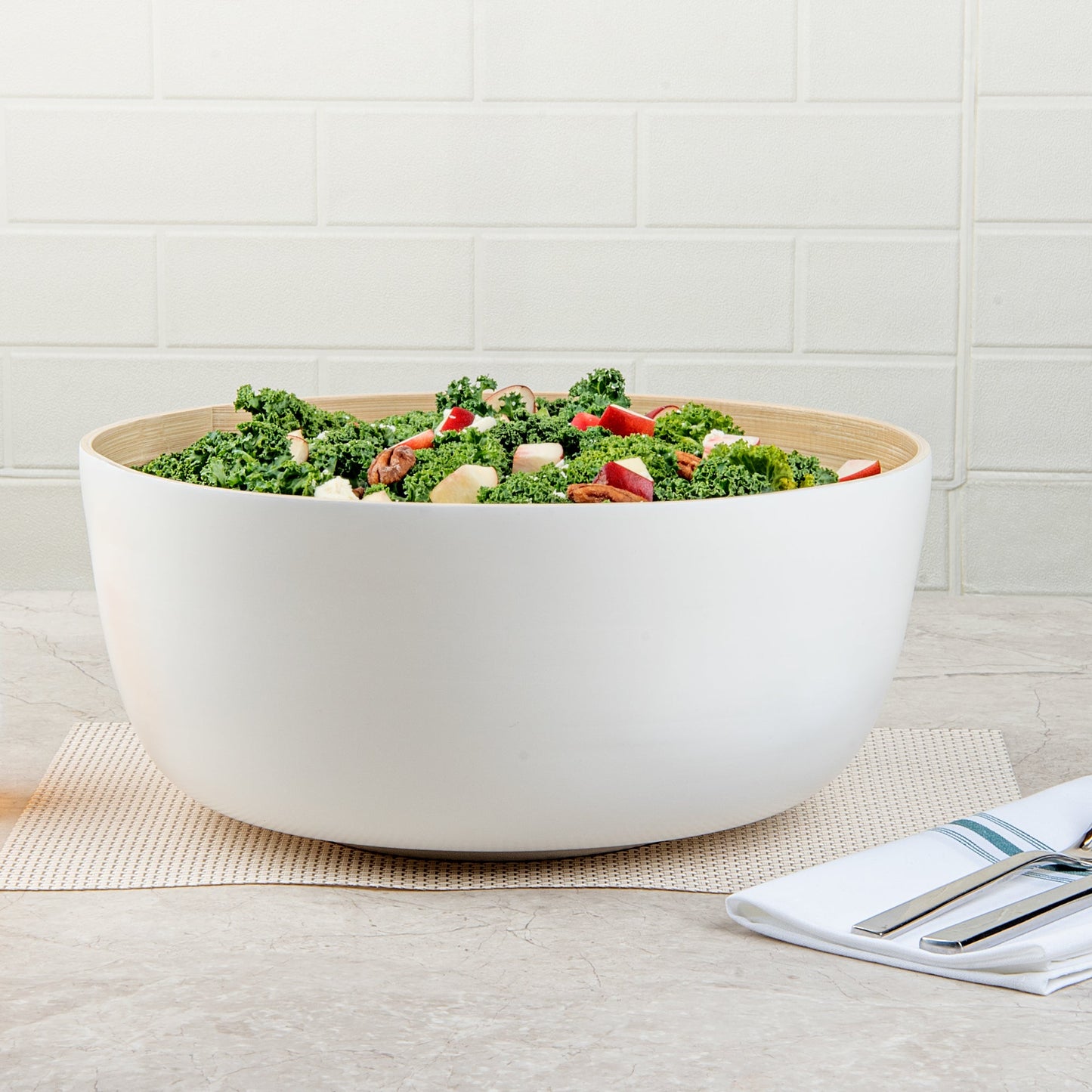 Bambuddha 51 oz Round White Spun Bamboo Extra Large Salad Bowl - 13 1/2" x 13 1/2" x 6 1/4" - 1 count box