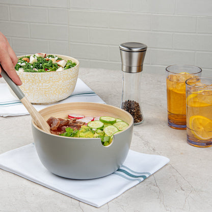 Bambuddha 25 oz Round Gray Spun Bamboo Serving Bowl - with Serving Spoon - 7 3/4" x 7 3/4" x 4" - 1 count box