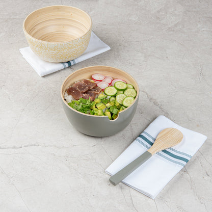 Bambuddha 25 oz Round Gray Spun Bamboo Serving Bowl - with Serving Spoon - 7 3/4" x 7 3/4" x 4" - 1 count box