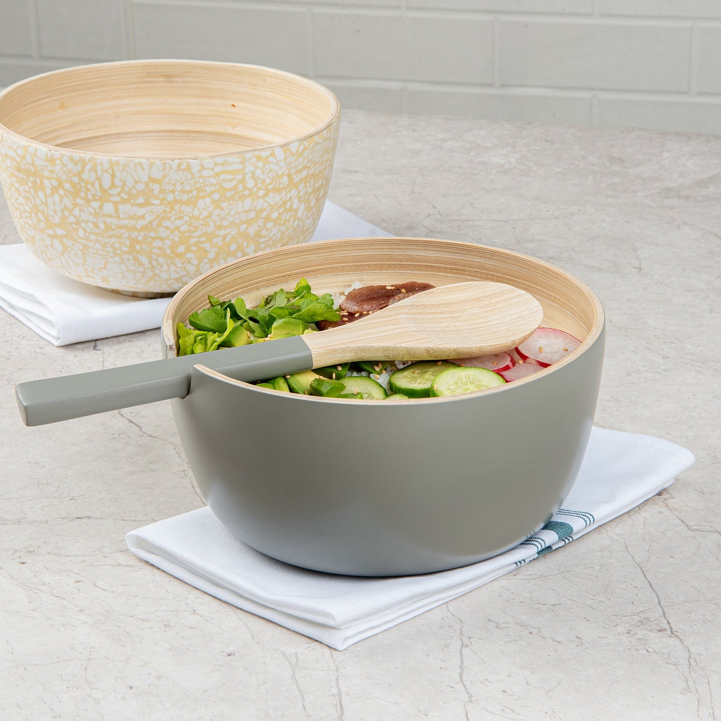 Bambuddha 25 oz Round Gray Spun Bamboo Serving Bowl - with Serving Spoon - 7 3/4" x 7 3/4" x 4" - 10 count box