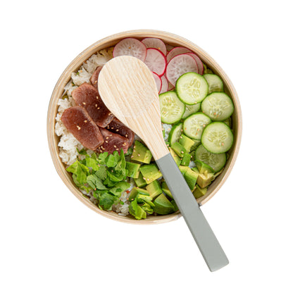 Bambuddha 25 oz Round Gray Spun Bamboo Serving Bowl - with Serving Spoon - 7 3/4" x 7 3/4" x 4" - 10 count box