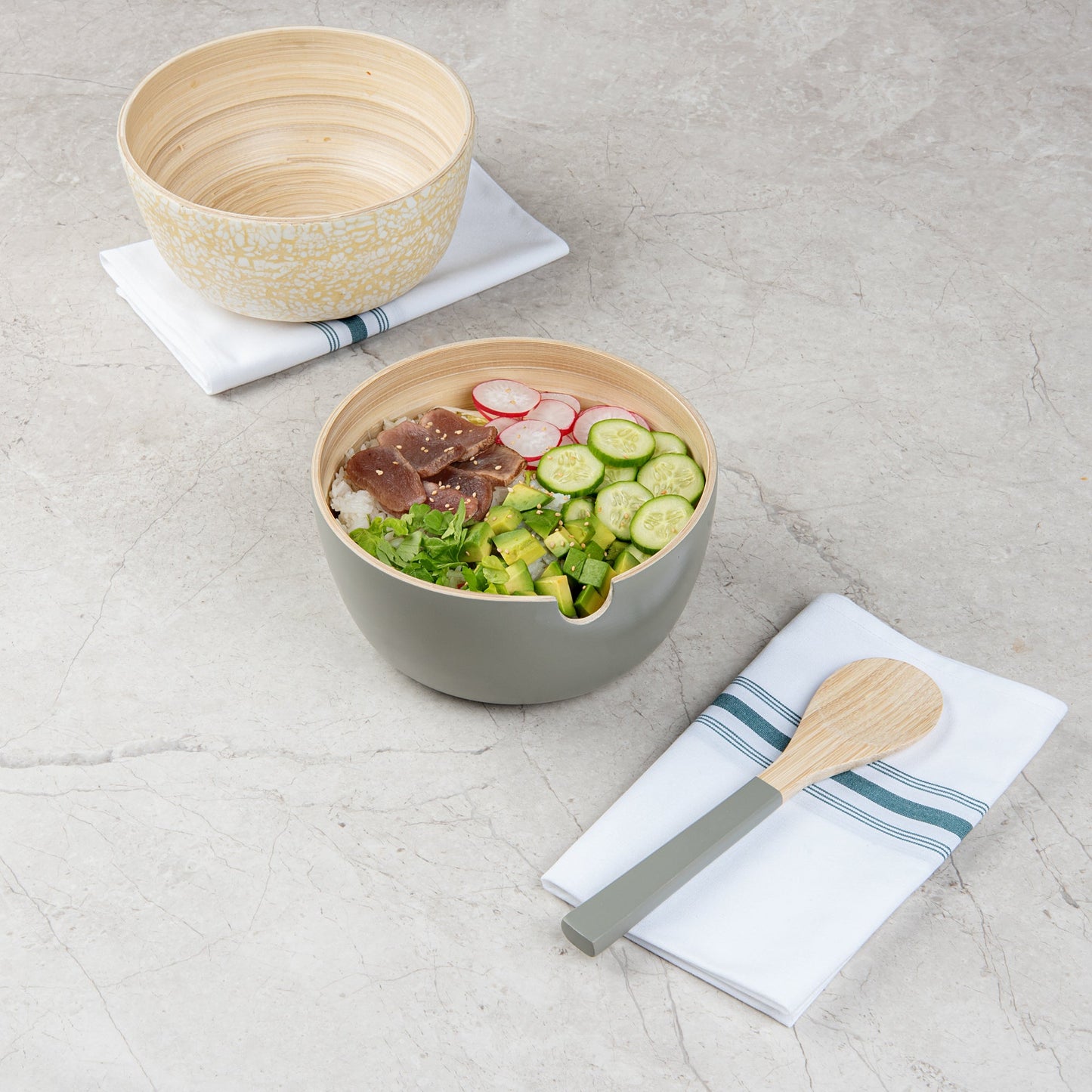 Bambuddha 25 oz Round Gray Spun Bamboo Serving Bowl - with Serving Spoon - 7 3/4" x 7 3/4" x 4" - 10 count box