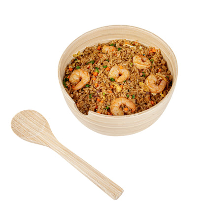 Bambuddha 25 oz Round Natural Spun Bamboo Serving Bowl - with Serving Spoon - 7 3/4" x 7 3/4" x 4" - 1 count box