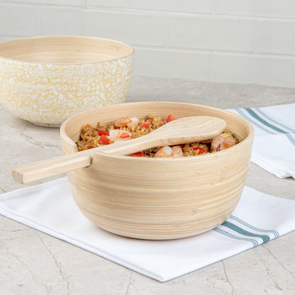 Bambuddha 25 oz Round Natural Spun Bamboo Serving Bowl - with Serving Spoon - 7 3/4" x 7 3/4" x 4" - 1 count box