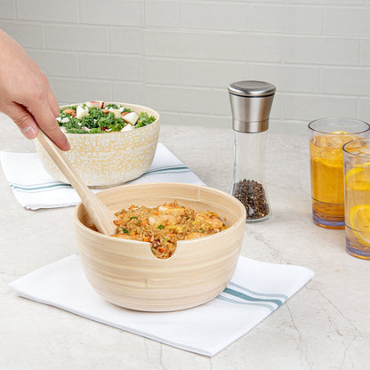 Bambuddha 25 oz Round Natural Spun Bamboo Serving Bowl - with Serving Spoon - 7 3/4" x 7 3/4" x 4" - 1 count box