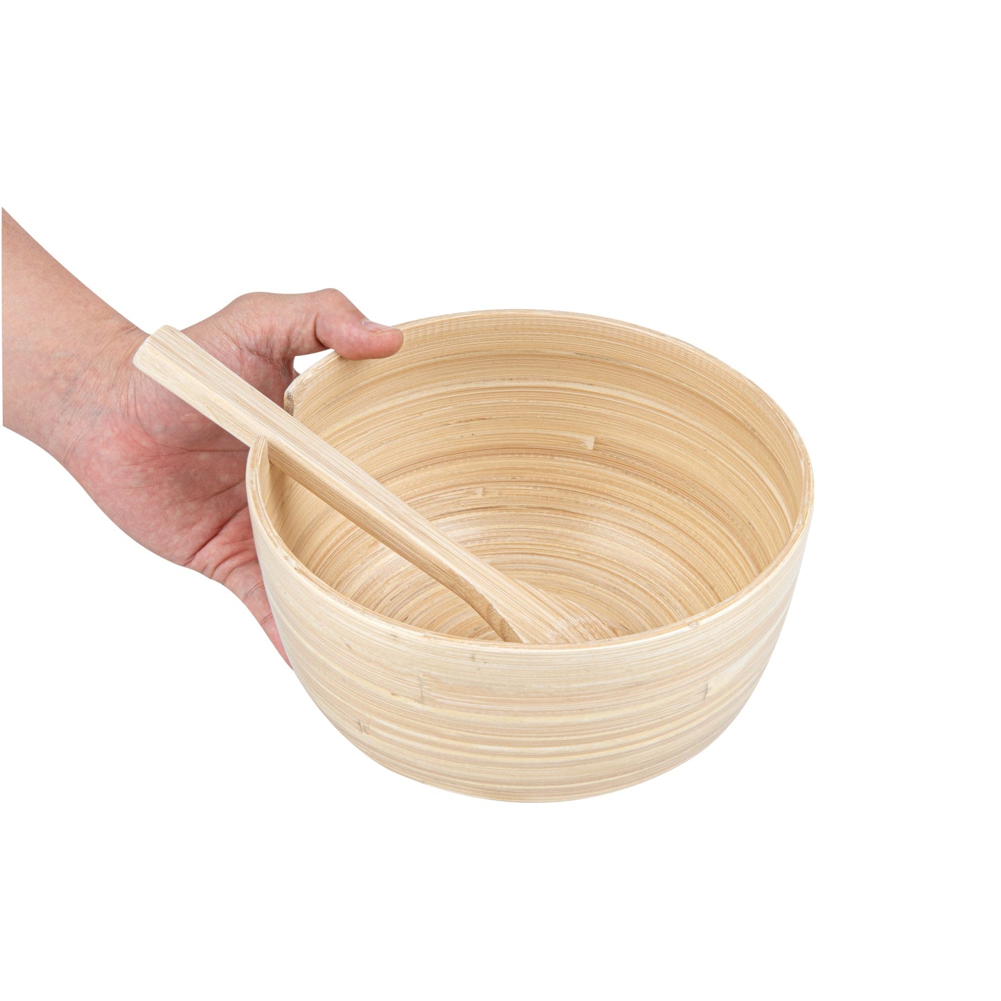 Bambuddha 25 oz Round Natural Spun Bamboo Serving Bowl - with Serving Spoon - 7 3/4" x 7 3/4" x 4" - 10 count box