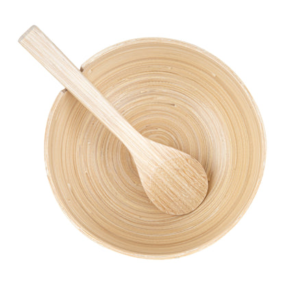 Bambuddha 25 oz Round Natural Spun Bamboo Serving Bowl - with Serving Spoon - 7 3/4" x 7 3/4" x 4" - 10 count box