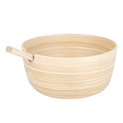 Bambuddha 25 oz Round Natural Spun Bamboo Serving Bowl - with Serving Spoon - 7 3/4" x 7 3/4" x 4" - 10 count box
