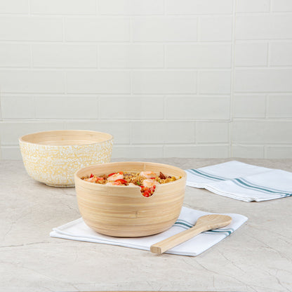 Bambuddha 25 oz Round Natural Spun Bamboo Serving Bowl - with Serving Spoon - 7 3/4" x 7 3/4" x 4" - 10 count box