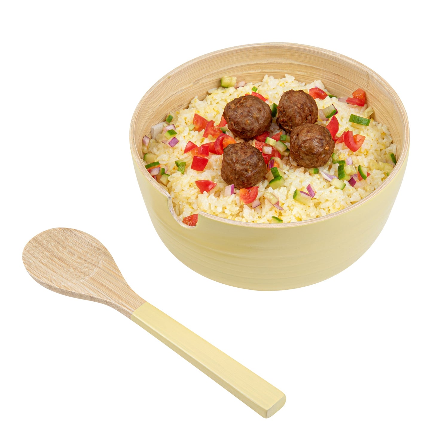 Bambuddha 25 oz Round Cream Spun Bamboo Serving Bowl - with Serving Spoon - 7 3/4" x 7 3/4" x 4" - 1 count box