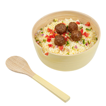 Bambuddha 25 oz Round Cream Spun Bamboo Serving Bowl - with Serving Spoon - 7 3/4" x 7 3/4" x 4" - 1 count box