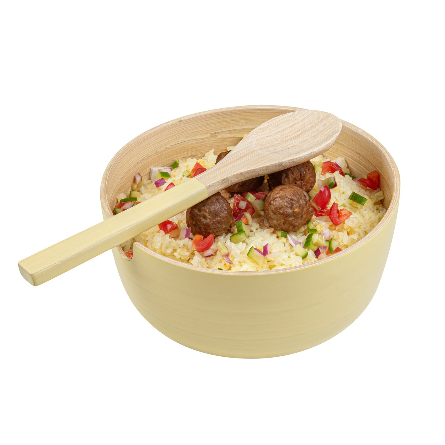 Bambuddha 25 oz Round Cream Spun Bamboo Serving Bowl - with Serving Spoon - 7 3/4" x 7 3/4" x 4" - 1 count box