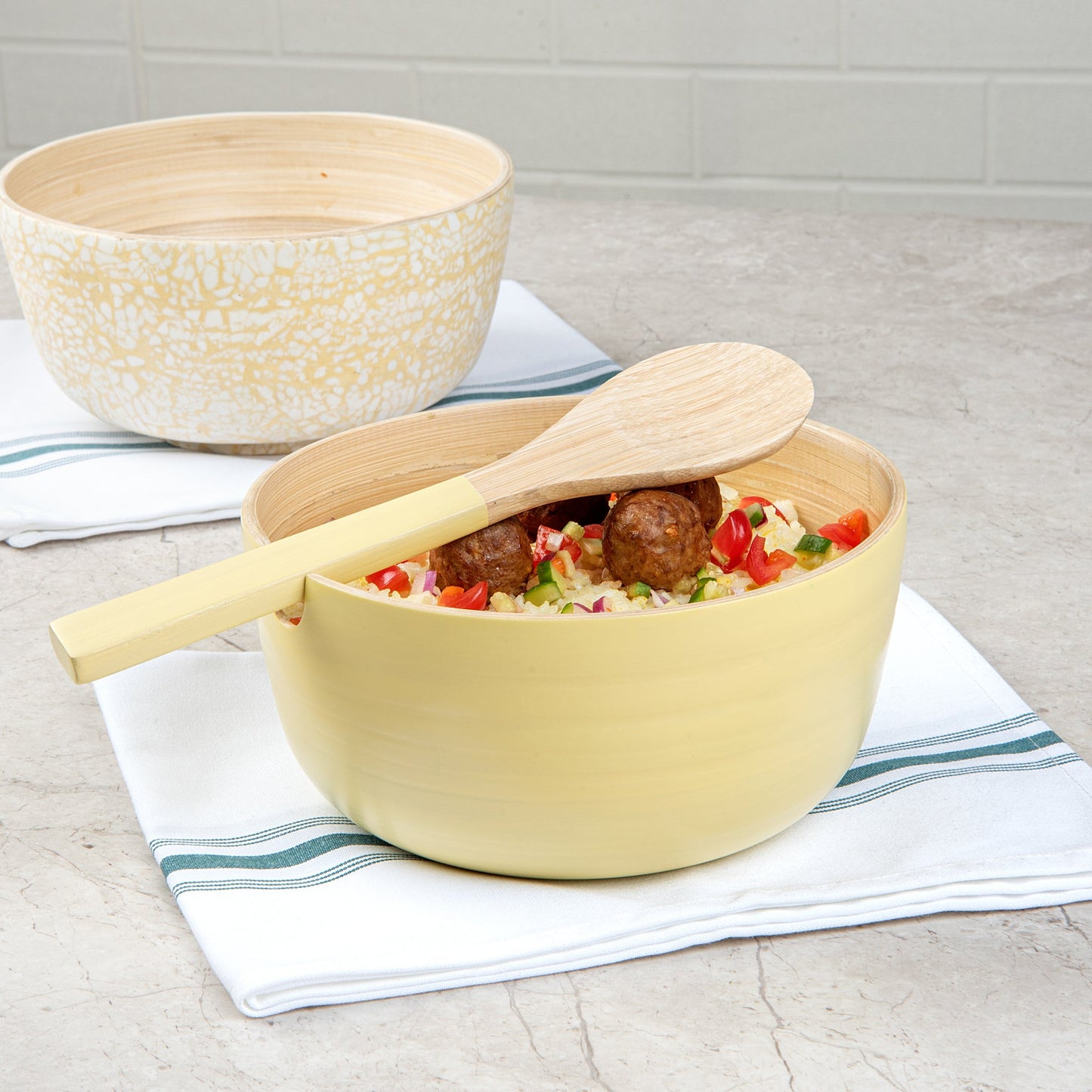 Bambuddha 25 oz Round Cream Spun Bamboo Serving Bowl - with Serving Spoon - 7 3/4" x 7 3/4" x 4" - 10 count box
