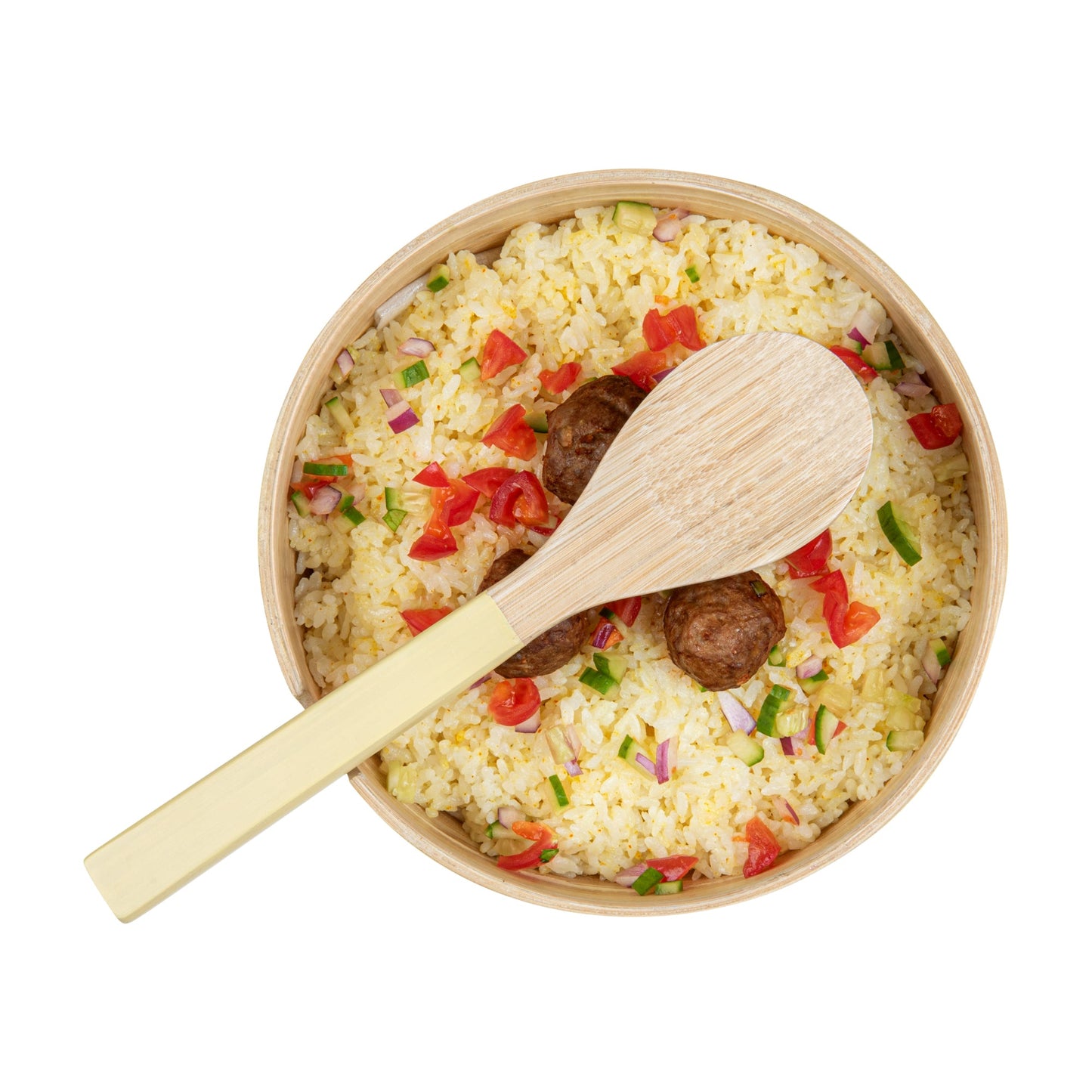 Bambuddha 25 oz Round Cream Spun Bamboo Serving Bowl - with Serving Spoon - 7 3/4" x 7 3/4" x 4" - 10 count box