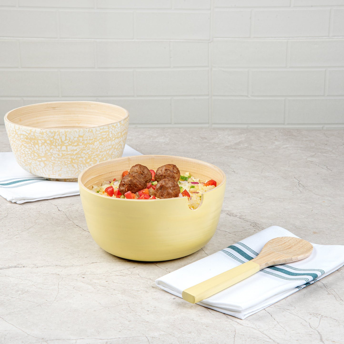 Bambuddha 25 oz Round Cream Spun Bamboo Serving Bowl - with Serving Spoon - 7 3/4" x 7 3/4" x 4" - 10 count box