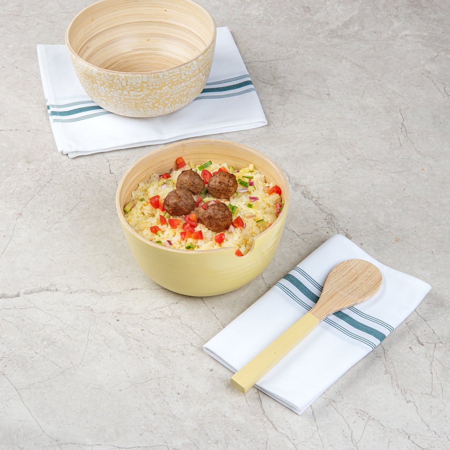 Bambuddha 25 oz Round Cream Spun Bamboo Serving Bowl - with Serving Spoon - 7 3/4" x 7 3/4" x 4" - 10 count box