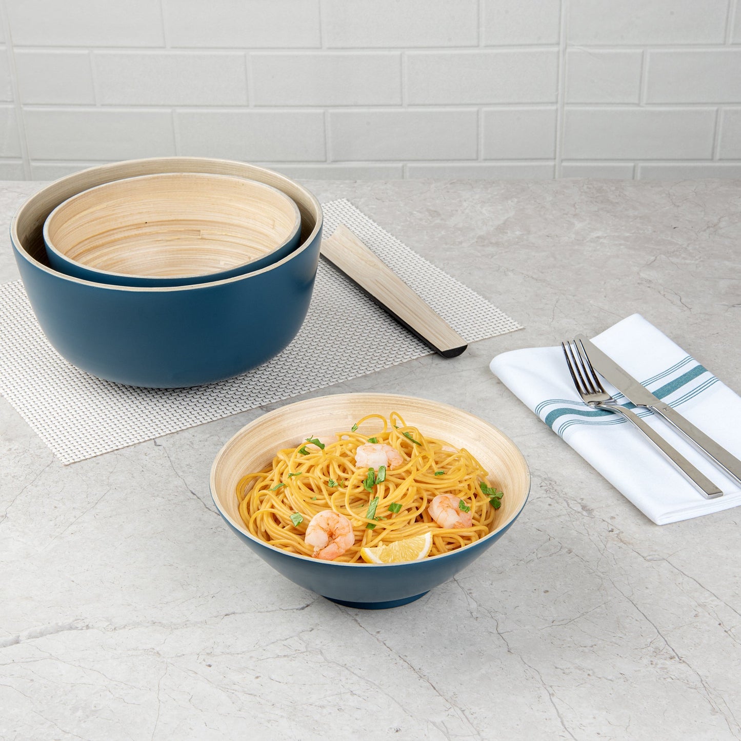 Bambuddha 29 oz Round Blue Spun Bamboo Serving Bowl - 8 1/4" x 8 1/4" x 3 1/4" - 1 count box