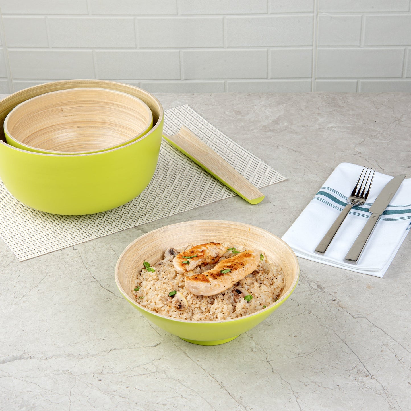 Bambuddha 29 oz Round Green Spun Bamboo Serving Bowl - 8 1/4" x 8 1/4" x 3 1/4" - 1 count box