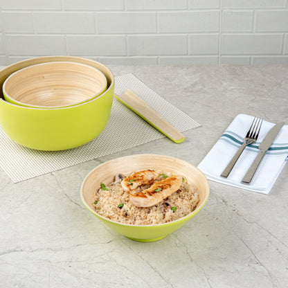 Bambuddha 29 oz Round Green Spun Bamboo Serving Bowl - 8 1/4" x 8 1/4" x 3 1/4" - 1 count box