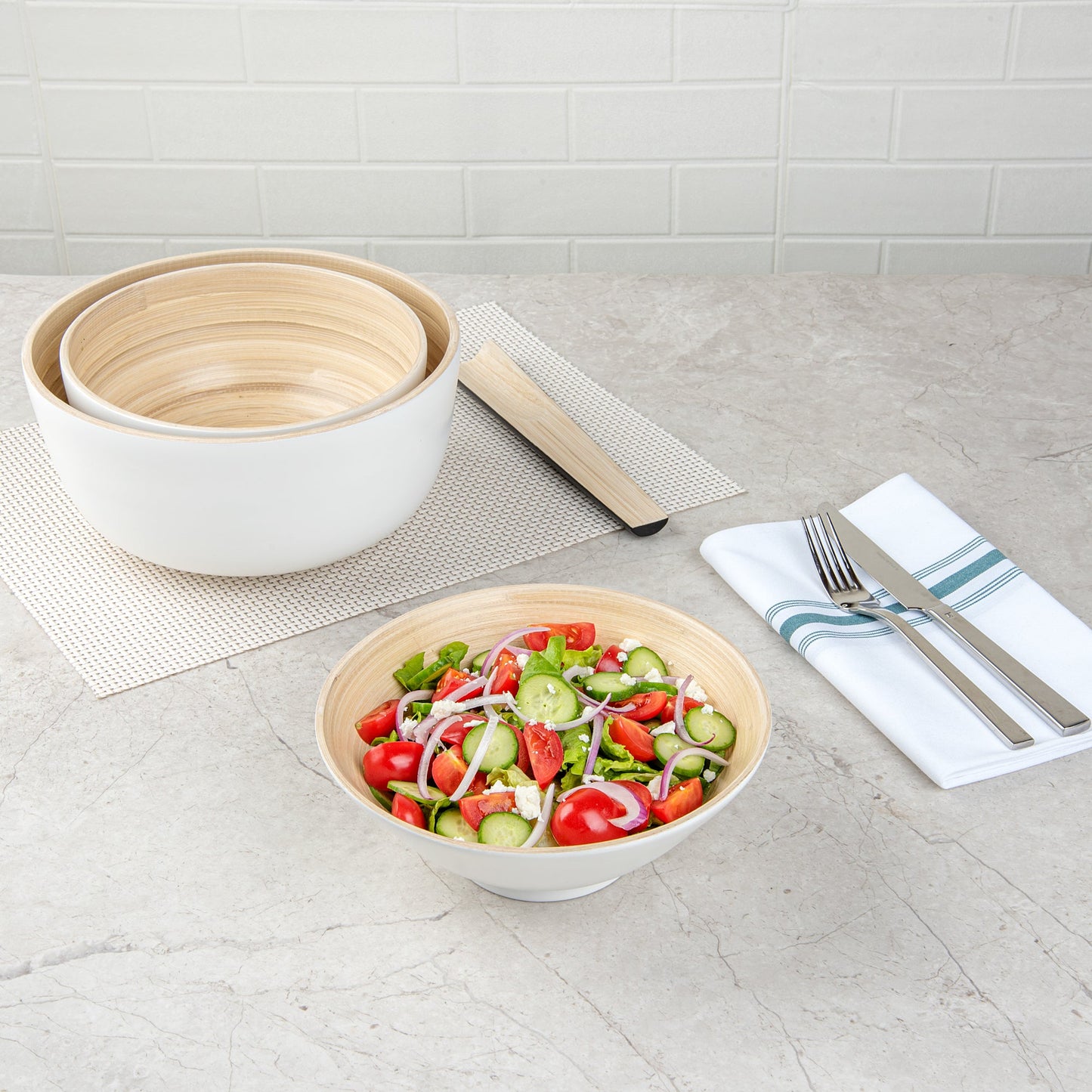 Bambuddha 29 oz Round White Spun Bamboo Serving Bowl - 8 1/4" x 8 1/4" x 3 1/4" - 1 count box