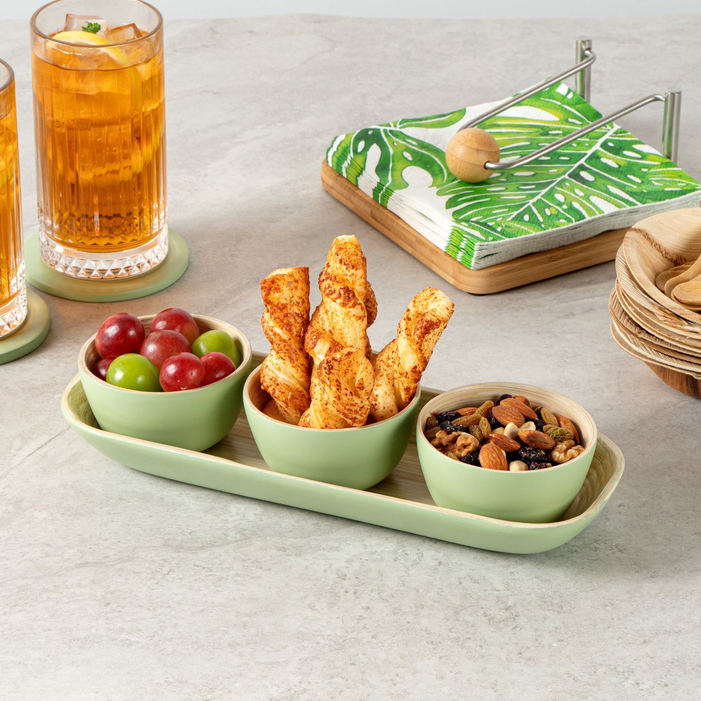 Bambuddha Green Bamboo Bowl Set - 3 Bowls, Bamboo Tray - 11 3/4" x 4 1/4" x 1 3/4" - 10 count box