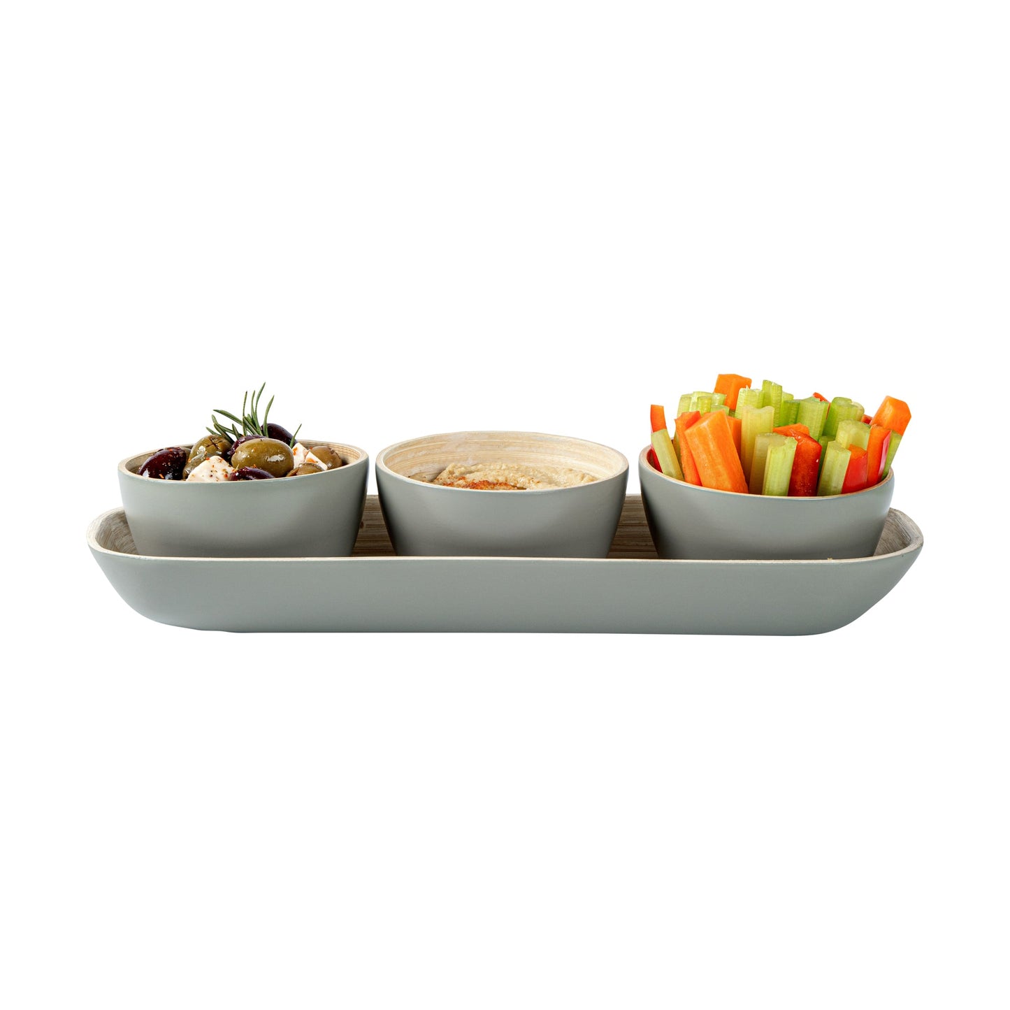 Bambuddha Gray Bamboo Bowl Set - 3 Bowls, Bamboo Tray - 11 3/4" x 4 1/4" x 1 3/4" - 1 count box