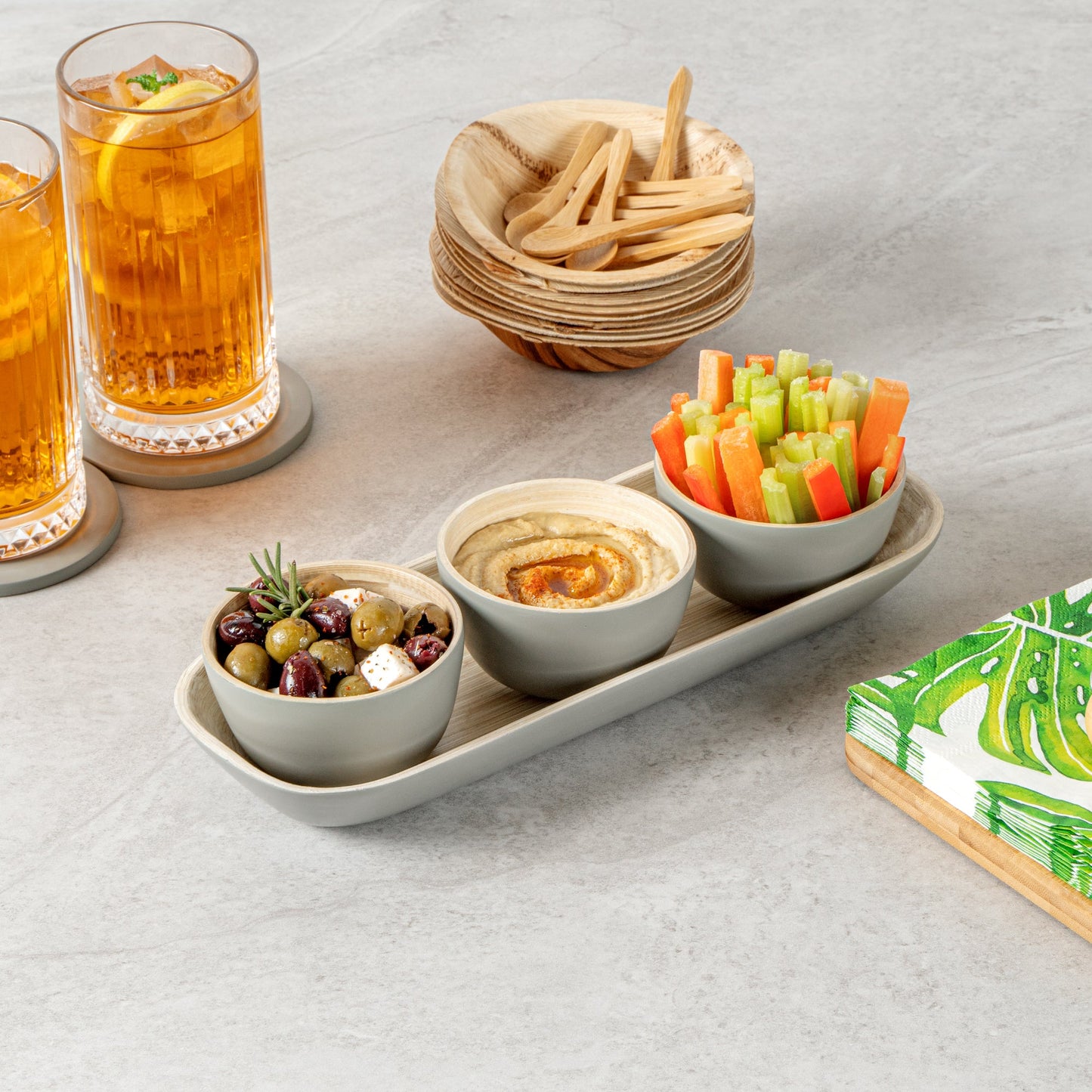 Bambuddha Gray Bamboo Bowl Set - 3 Bowls, Bamboo Tray - 11 3/4" x 4 1/4" x 1 3/4" - 1 count box