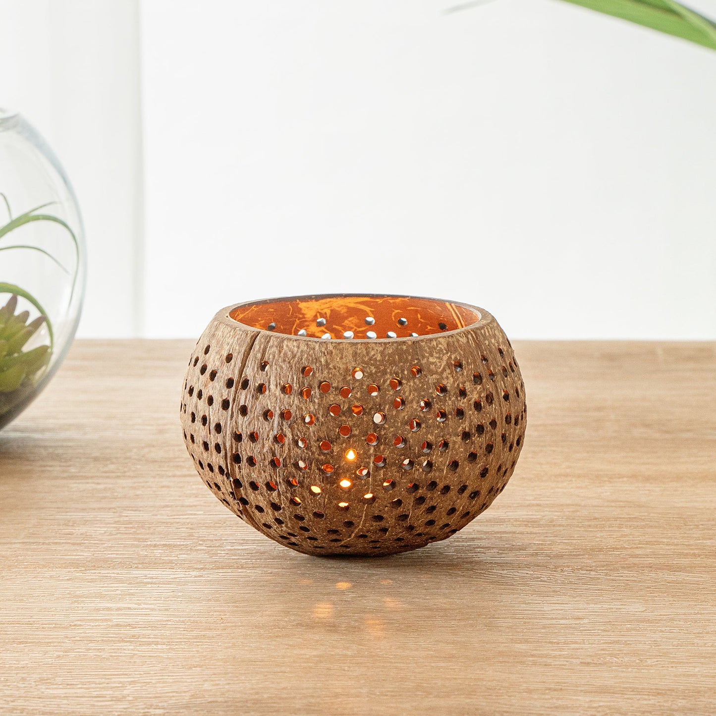Coco Casa Tan Handmade Coconut Shell Candle Holder - Dotted Pattern - 4" x 4" x 3 1/4" - 10 count box