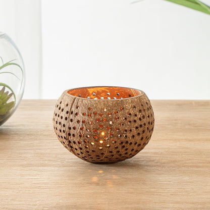 Coco Casa Tan Handmade Coconut Shell Candle Holder - Dotted Pattern - 4" x 4" x 3 1/4" - 10 count box