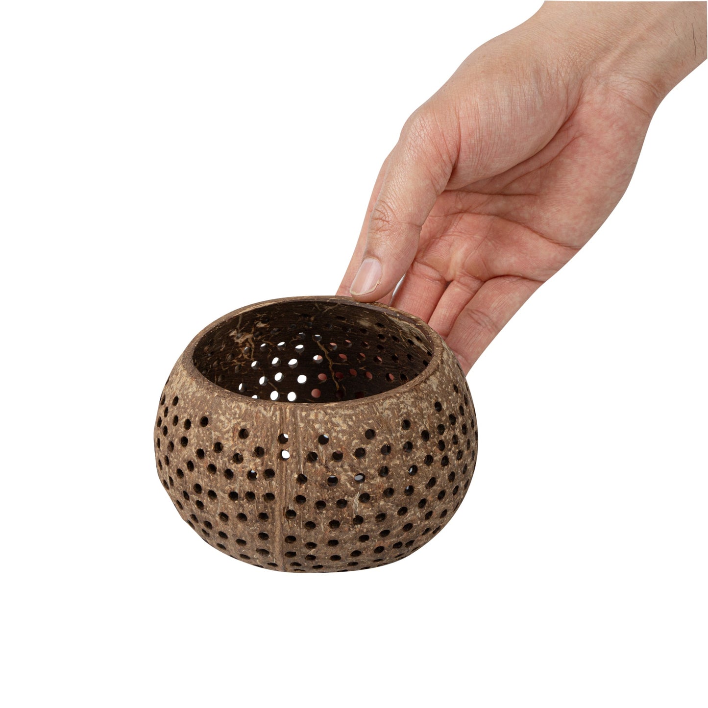 Coco Casa Tan Handmade Coconut Shell Candle Holder - Dotted Pattern - 4" x 4" x 3 1/4" - 10 count box