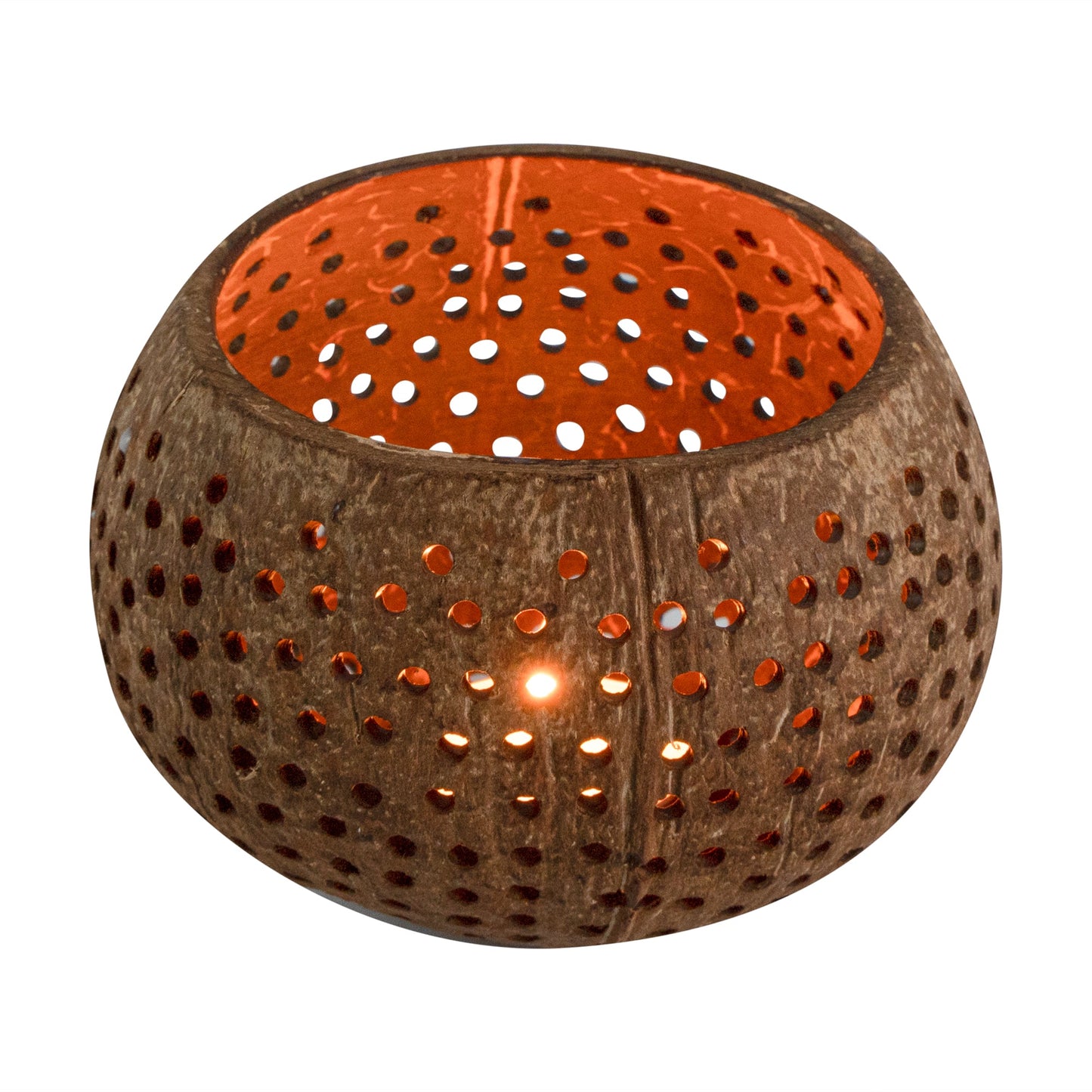Coco Casa Tan Handmade Coconut Shell Candle Holder - Dotted Pattern - 4" x 4" x 3 1/4" - 10 count box