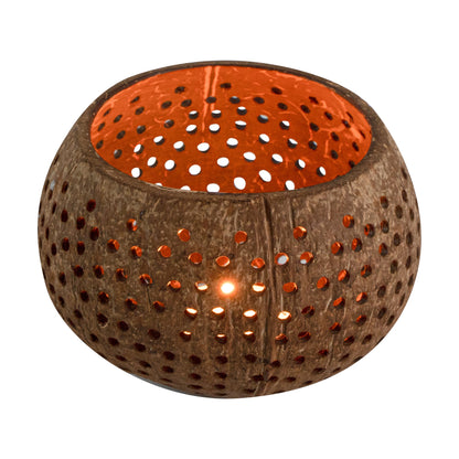 Coco Casa Tan Handmade Coconut Shell Candle Holder - Dotted Pattern - 4" x 4" x 3 1/4" - 10 count box