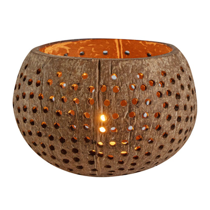 Coco Casa Tan Handmade Coconut Shell Candle Holder - Dotted Pattern - 4" x 4" x 3 1/4" - 10 count box