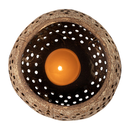 Coco Casa Tan Handmade Coconut Shell Candle Holder - Dotted Pattern - 4" x 4" x 3 1/4" - 10 count box