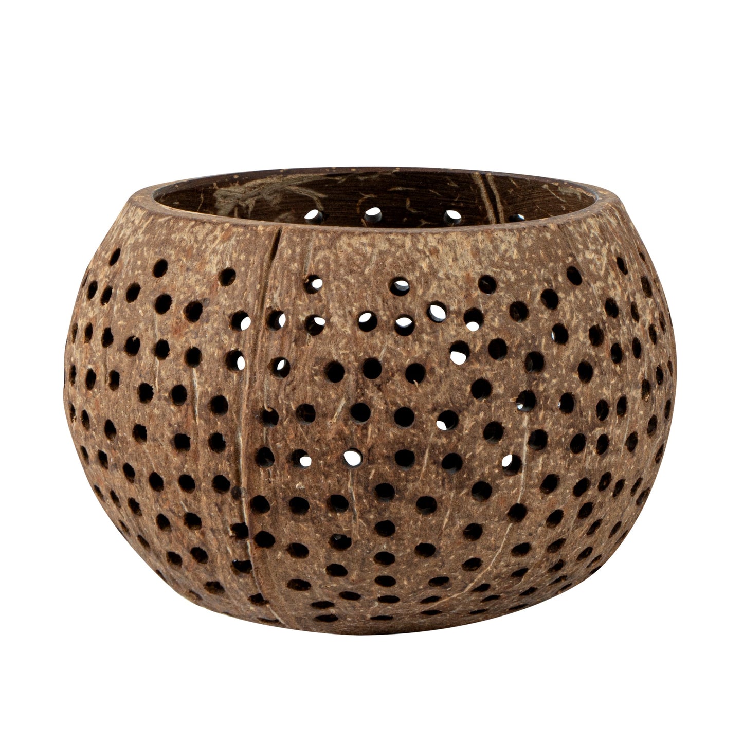 Coco Casa Tan Handmade Coconut Shell Candle Holder - Dotted Pattern - 4" x 4" x 3 1/4" - 10 count box