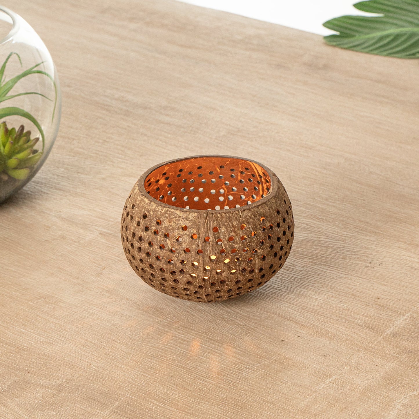Coco Casa Tan Handmade Coconut Shell Candle Holder - Dotted Pattern - 4" x 4" x 3 1/4" - 10 count box